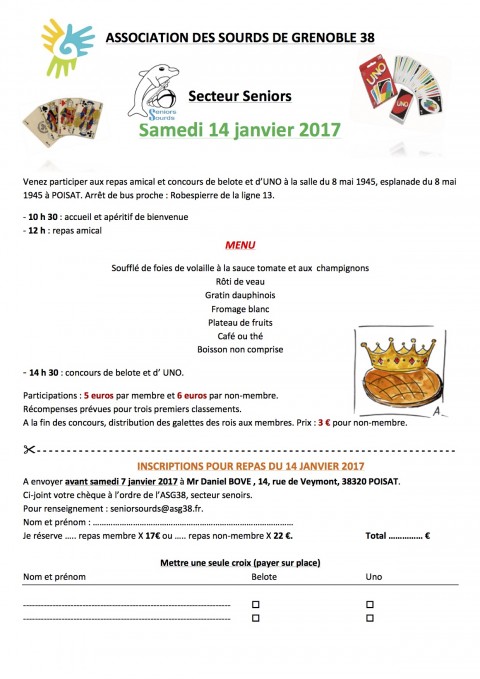 ASG38: Repas amical et concours de belote et d’uno pour tous du 14 Janvier 2017