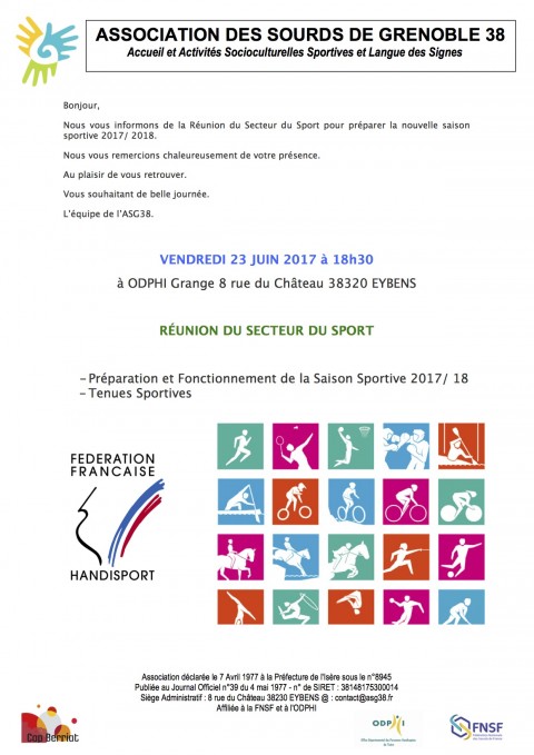 Secteur Sport ASG38: Réunion de préparation pour la rentrée – 23 Juin 2017